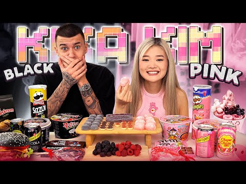 BLACK FOOD VS PINK FOOD ASMR MUKBANG | JELLY, NOODLE, SNACKS | feat. TIM