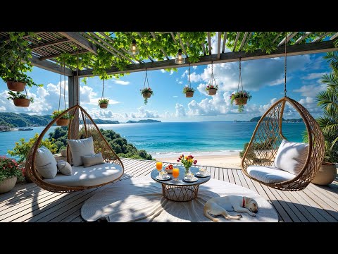 Morning Seaside Cafe Ambience ~ Joyful Bossa Nova Jazz & Ocean Wave Sounds for Relax, Study, Work