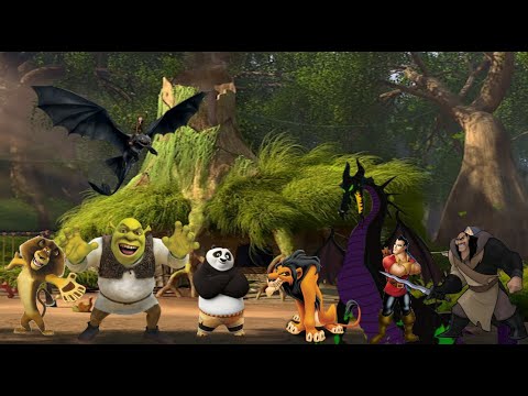 Shrek,Alex,Po, Hiccup and Toothless vs Gaston, Scar, Shan Yu and Maleficent.