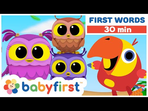 Hoot, Scoot & What | Learn Vocabulary for Kids | Larry Surprise Eggs | First Words | BabyFirst TV