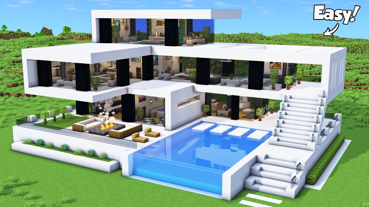 Minecraft: How to Build a Modern House Tutorial (Easy to Follow) #66 - Interior in Description!