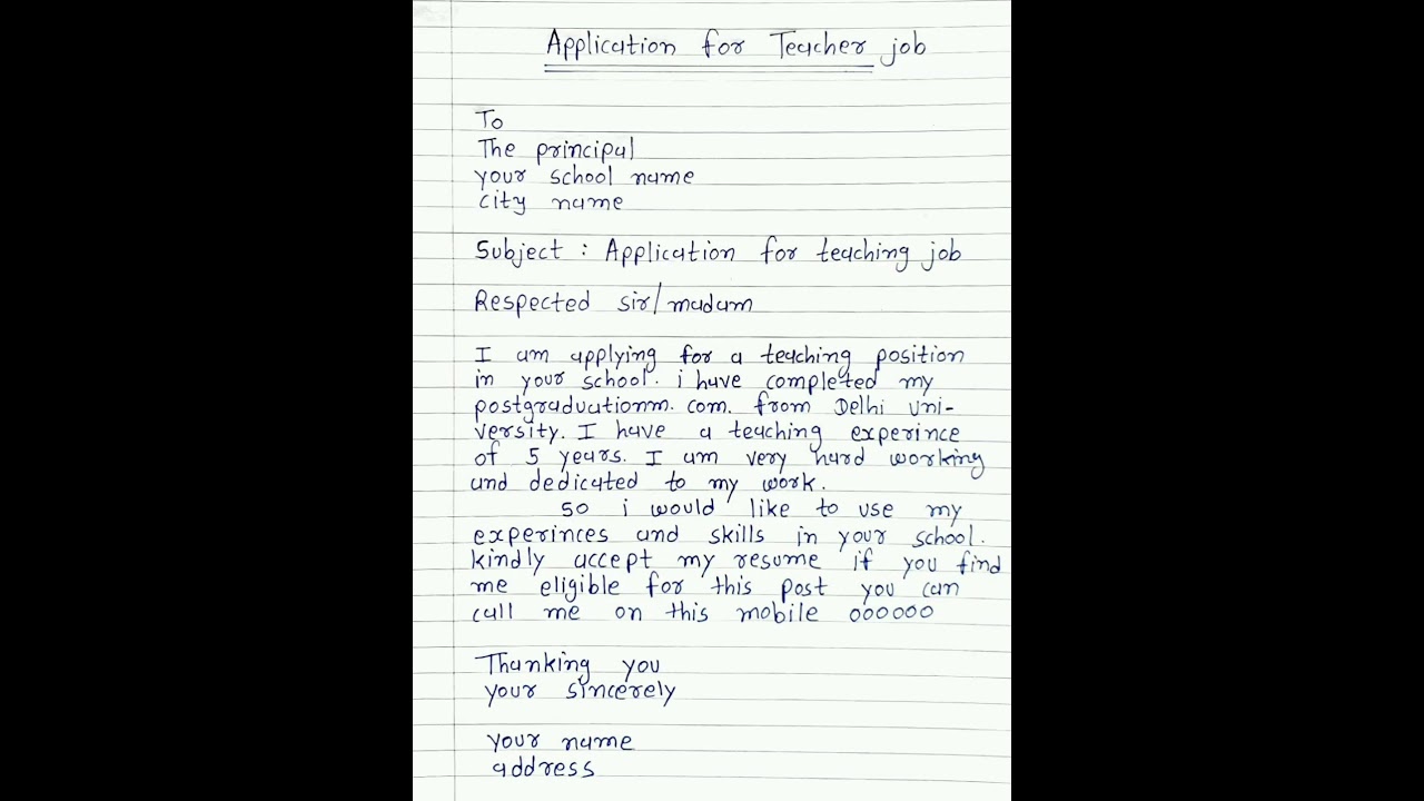 Application For the post of teacher application for teaching job | write application for teacher job