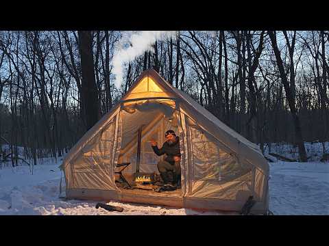 Winter Hot Tent Camping in DEEP SNOW and Freezing Temps | Morning Snowfall