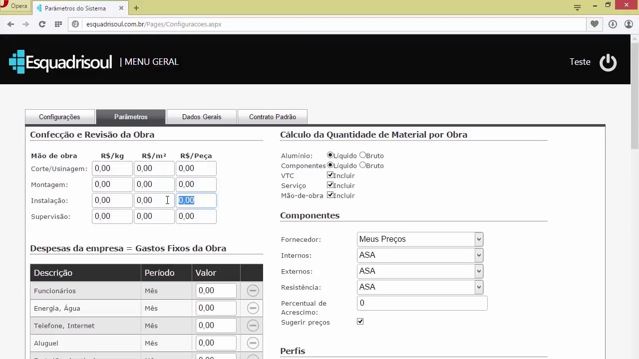 Principais configurações