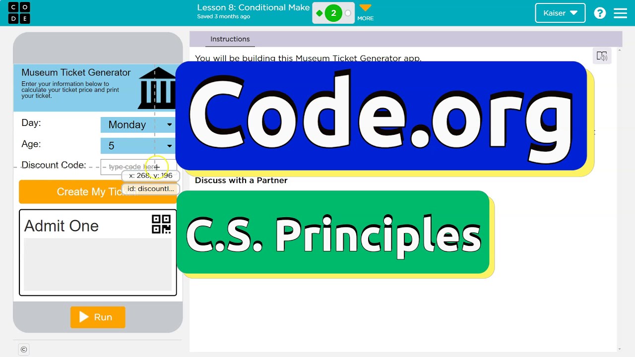Code.org Lesson 8 Conditionals Make a Museum Ticket Generator | Activity Guide | Answer Tutorial