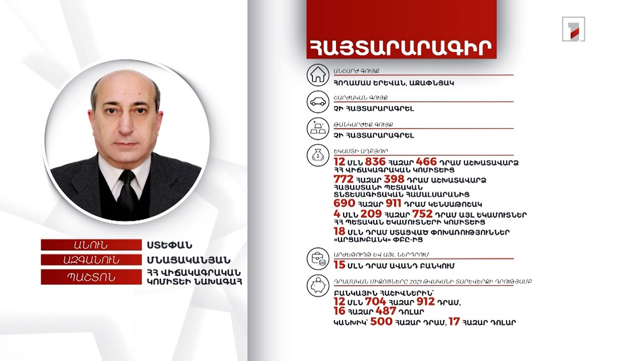 1 հողամաս, 33 հազար դոլար. ՀՀ վիճակագրական կոմիտեի նախագահ Ստեփան Մնացականյանի հայտարարագիրը
