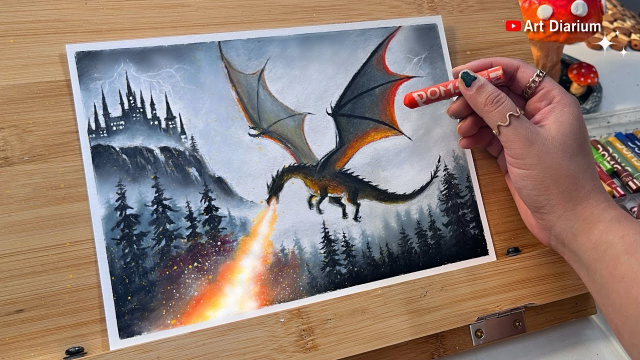 Fire breathing Dragon scene with Oil Pastel - Step-by-step 