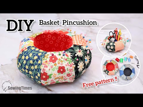 DIY Basket Pincushion | Free Pattern | Fabric Scraps Craft Idea [sewingtimes]