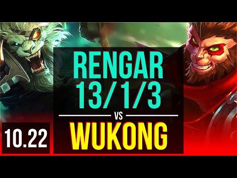 RENGAR vs WUKONG (TOP) | 13/1/3, 8 solo kills, Legendary, Rank 7 Rengar | KR Grandmaster | v10.22