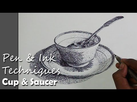 Pen Ink Drawing Random Lines Techniques | Cup Saucer Still Life Drawing