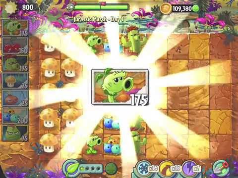 Plants Vs Zombies 2 IOS Walkthrough JURASSIC MARSH Day 1: Primal Peashooter