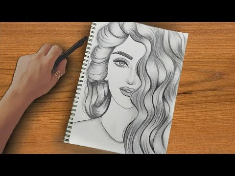 رسم سهل | تعليم رسم بنت كيوت مع شعر طويل كيرلي سهل بالرصاص للمبتدئين بطريقة سهلة | رسم بنات سهل