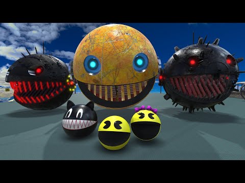 Pacman & Robot Pacman VS Two Spiky Monster Pacman !!