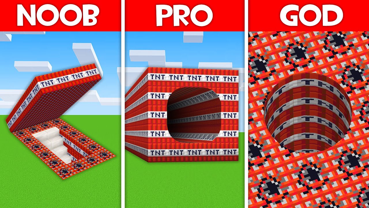 Minecraft Battle: TNT TUNNEL BUILD CHALLENGE - NOOB vs PRO vs HACKER vs GOD in Minecraft!