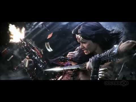 Injustice: Gods Among Us announcement trailer frame: Batman and Wonder Woman face off as a dark, percussive theme swells