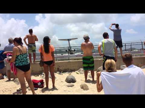 Jet blast at Princess Juliana International Airport in St. Maarten
