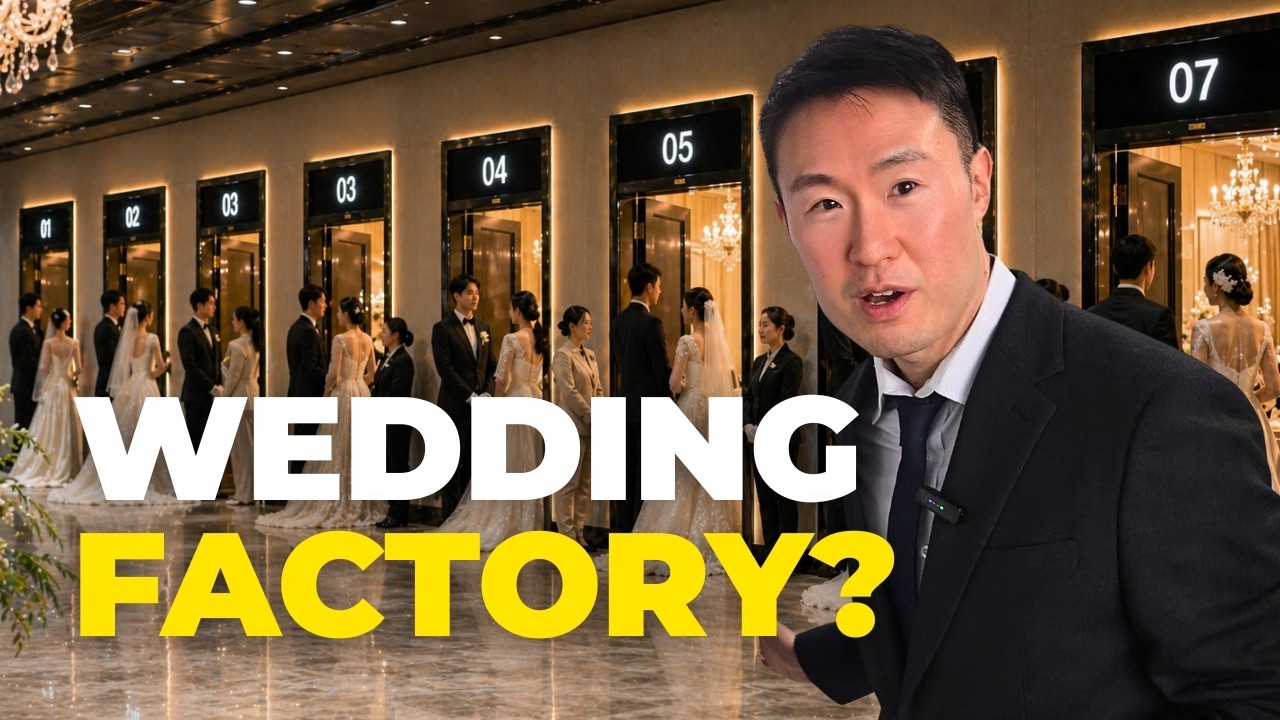 A large Korean wedding hall with rows of seats and a stage where a bride and groom are exchanging vows in a Western style ceremony