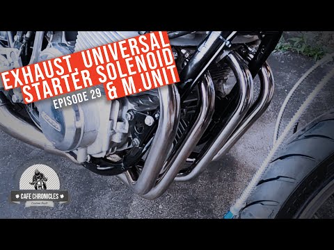 CB750 Cafe Racer Build E29: Installing the Delkevic exhaust, universal starter solenoid and m.unit