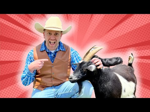 Man in a cowboy hat and brown vest crouches beside a black and white goat, pointing and smiling against a red comic-book style background.