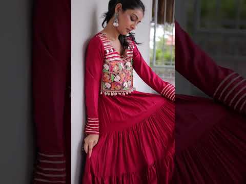 Women's 14 Kg Rayon Kutchi Gamthi Embroidered Mirror Work Gown with 12 Meter Flair