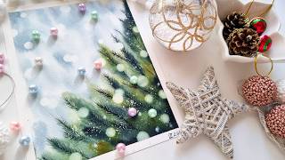 Painting Christmas Tree with Bokeh Effect Watercolor - Amazing Holiday cards idea