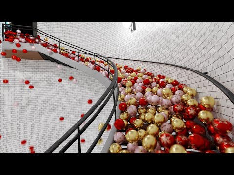 THOUSANDS CHRISTMAS BALLS Rolling Down Spiral Stairs