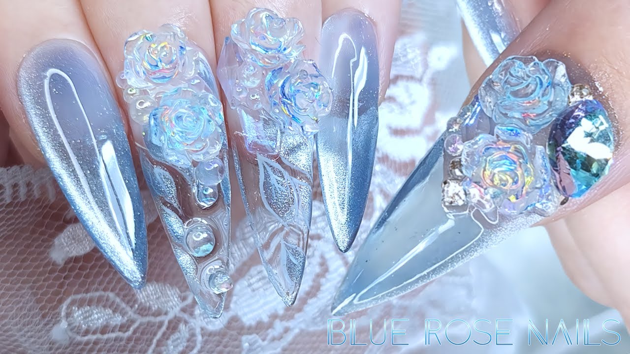 sub)푸른장미 네일💙/ 스톤아트 /  연장네일 / 네일아트 / 셀프네일 / 네일ASMR