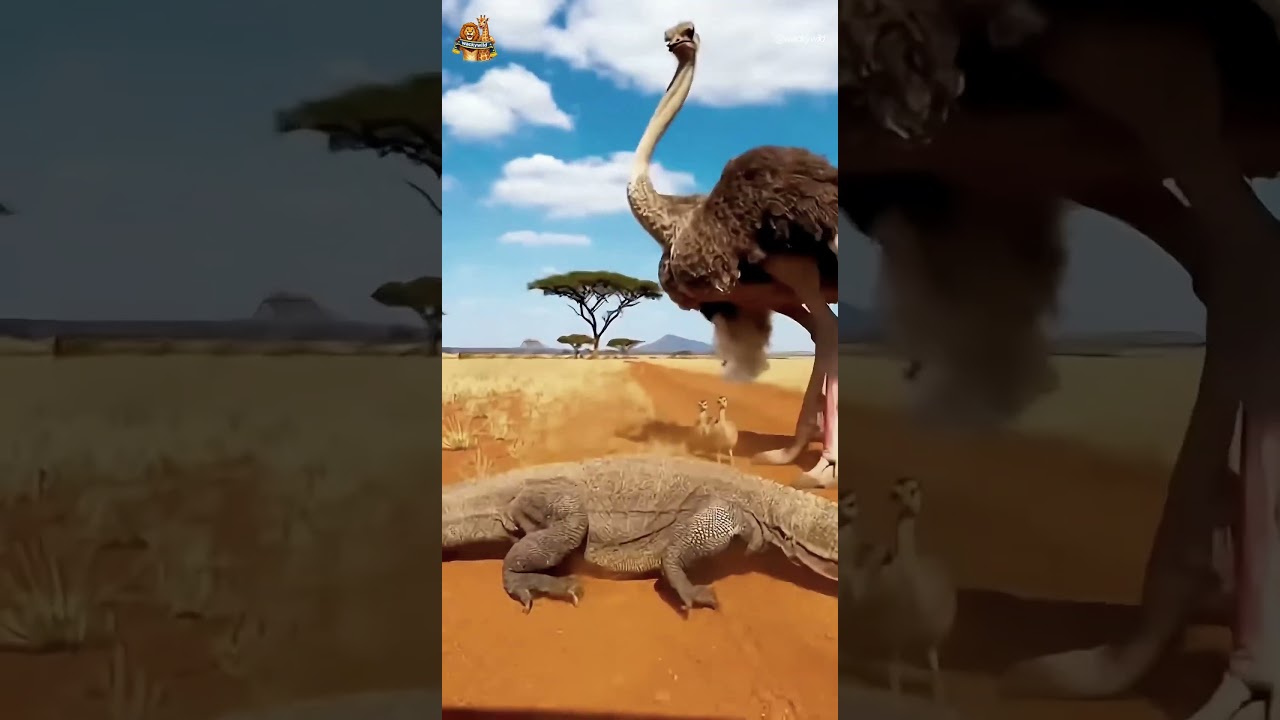 타조가 코모도도마뱀의 접근을 강력한 킥으로 막다 Ostrich Blocks Komodo Dragon with Powerful Kick#ostrich