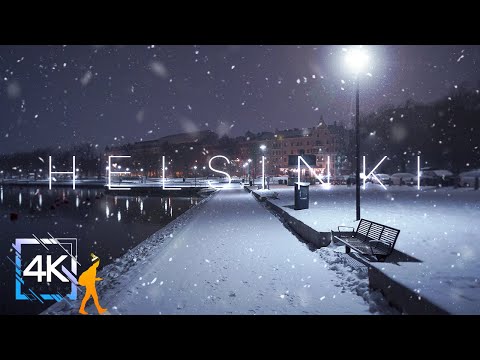 Snowy Helsinki Seashore Urban Night Walk After Midnight, Finland, 4K