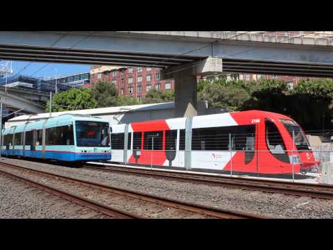 Sydney Light Rail 2104 (Vario Tram) meets 2108 (Urbos 2) ex Tranvia Vélez-Málaga #001 .  23/10/13