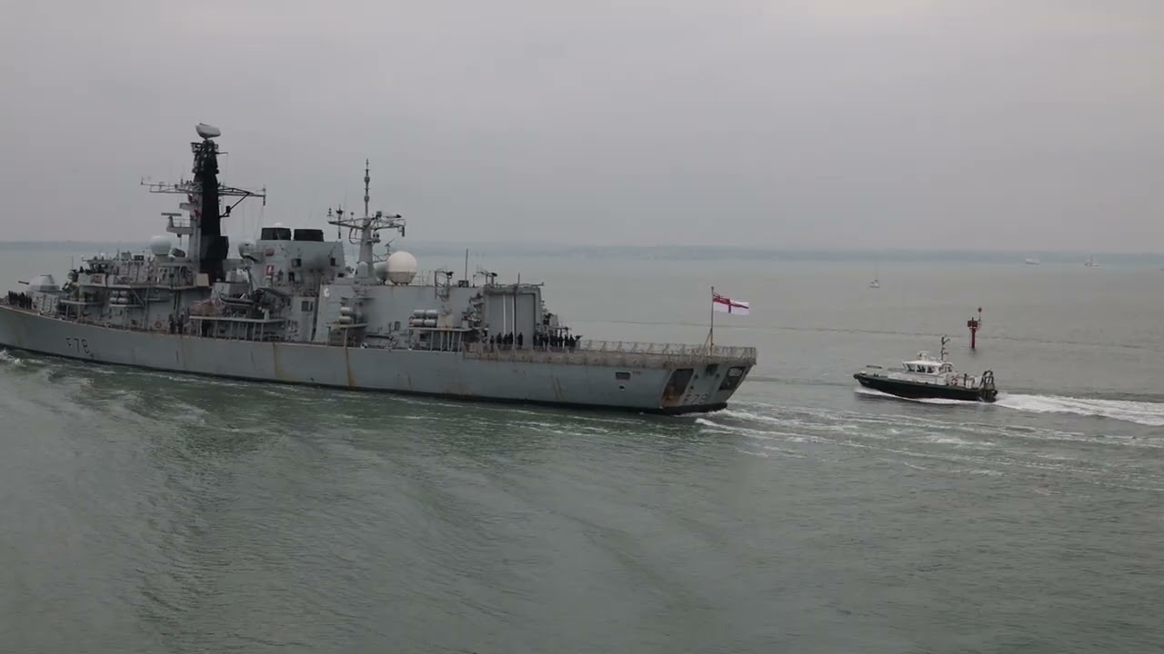 Type 23 frigate HMS Kent (F78) outbound from Portsmouth Harbour. Pictured 24/01/22