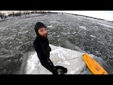 TRAPPED IN ICE FIELD! (SURF POV Raw 60fps) Orion Surfs Winter River Surfing COLD