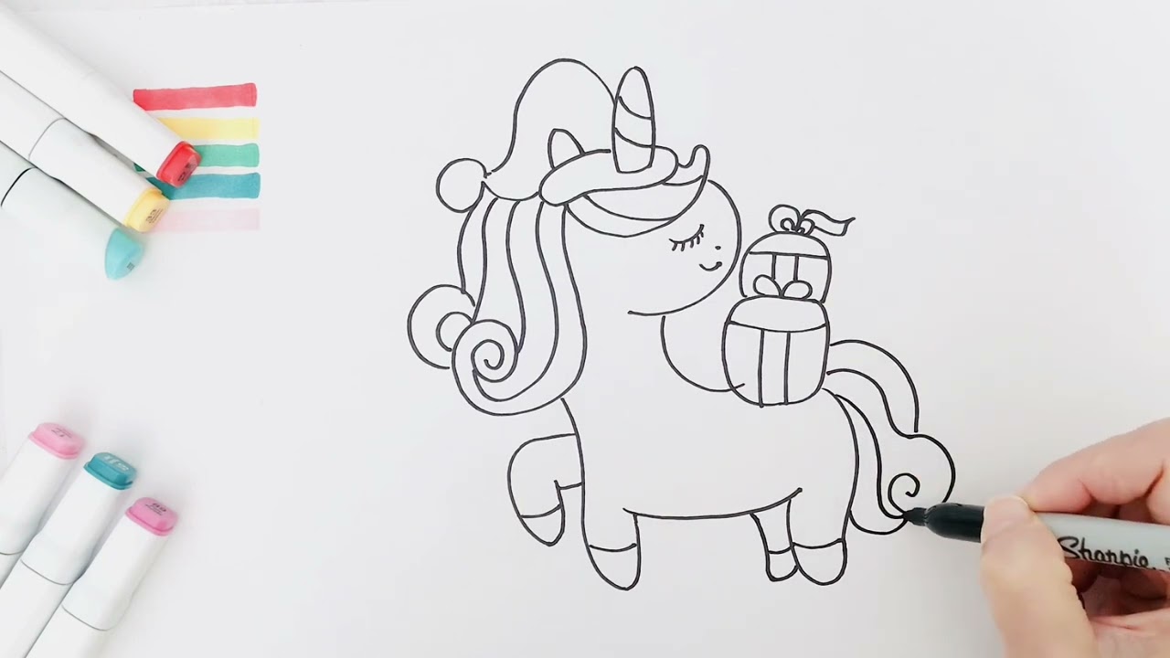 How to Draw A Cute Unicorn Vector with New Years Gifts 🦄 💝 🎁 Easy drawing and coloring for Kids