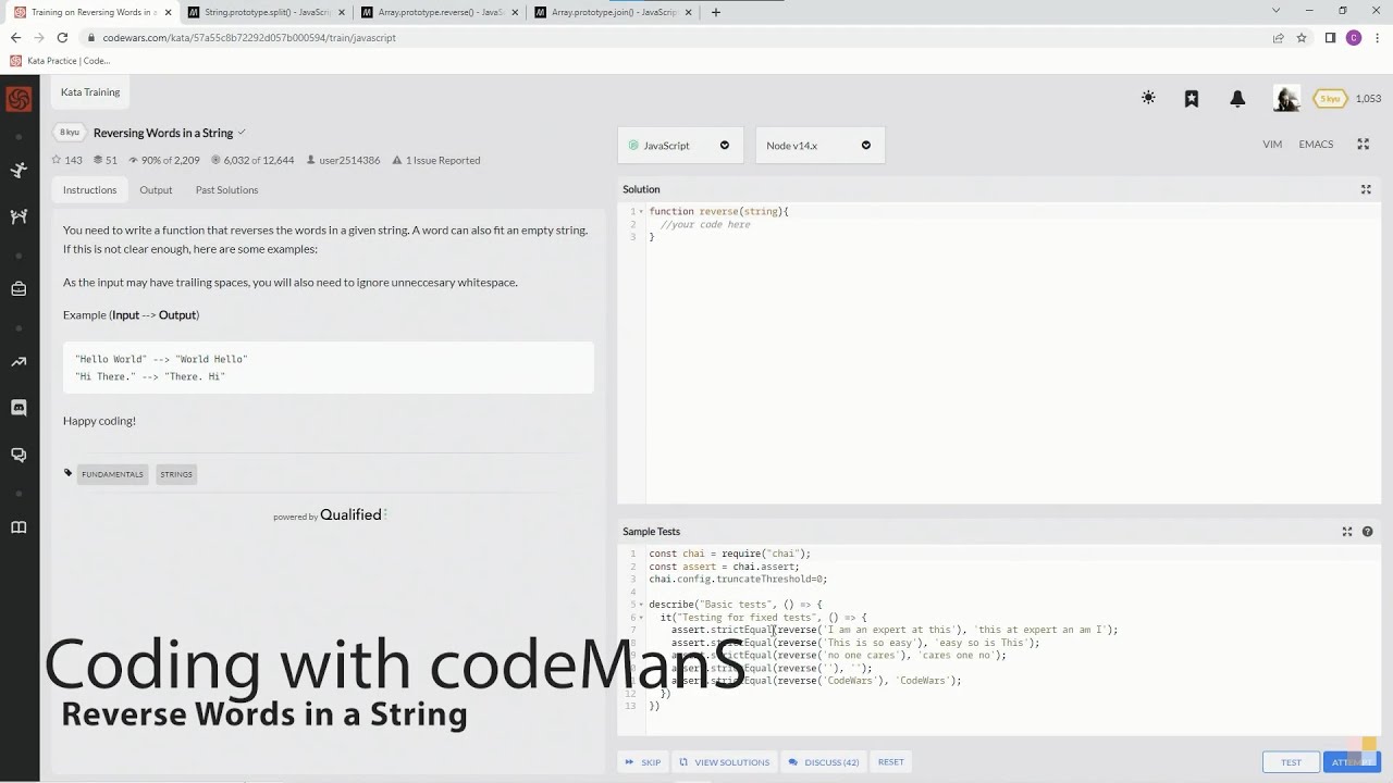 (Archived) Codewars 8 kyu Reverse Words in a Strings JavaScript