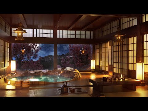 Japanese Onsen - Water Sounds with Piano, Flute and Koto Music for Sleep, Meditation, Study