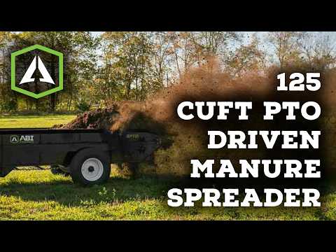 "125 Cuft PTO Driven Manure Spreader" text is displayed while a PTO manure spreader is being shown on grass.