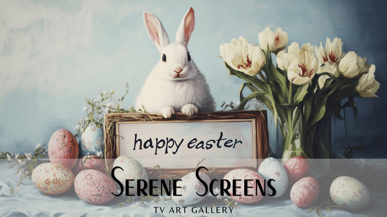 Easter Bunny Happy Easter Sign and Eggs - TV Art Display, Wallpaper, Screensaver, Background - Still