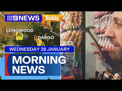Emergency bushfire warning; Hammer allegedly pulled on customer during livestream | 9 News Australia