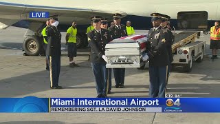 Traveling in the car with his widow, Myeshia Johnson, were the fallen soldier's mother, Cowanda Jones-Johnson, and Rep. Frederica Wilson, a Democrat who represents Johnson's hometown of Miami Gardens (it's unclear who else, if anyone, was in the car).
Wilson told CNN the president's call was on speakerphone in the car.
The president said Johnson "knew what he signed up for...but when it happens it hurts anyway," Wilson told Local 10 and CNN. Wilson said she didn't hear the whole call, but that Myeshia Johnson was upset by it.
"When she hung up the phone she looked at me and said, 'He didn't even know his name.' Now that's the worst part," Wilson told CNN.
Johnson cried during the phone call and thanked the president when it was time to hang up, Wilson said. Wilson added that Johnson was already overwhelmed — she had just learned there could be no open casket at the funeral because of the condition of her husband's body, Wilson said.