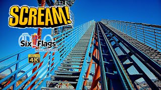 2025 Scream Floorless Roller Coaster On Ride Front Row 4K POV Six Flags Magic Mountain