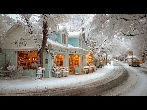 Gentle Winter Morning Jazz ☕ Snowy Coffee & Bakery on a Peaceful Small Town Street | Warm Jazz Vibes