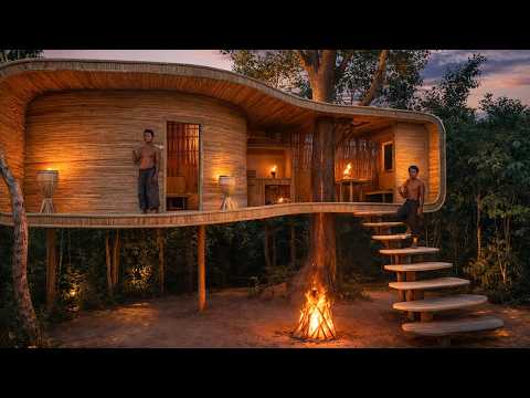 2 Men Built an Incredible Bamboo Treehouse Around a Giant Tree – Primitive Survival Full Build