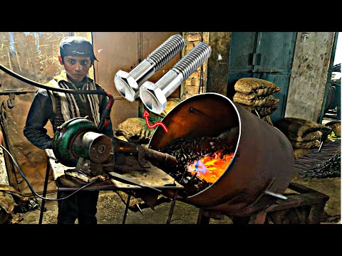 Huge bolts making process in factory from used iron wire | iron nut bolts manufacturing process