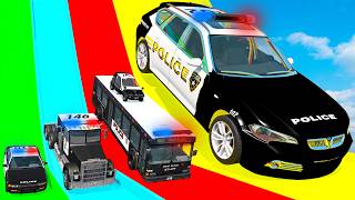 Giant & Small Police Car vs Portal Trap with Slide Colors – Cars vs Trains – BeamNG.Drive
