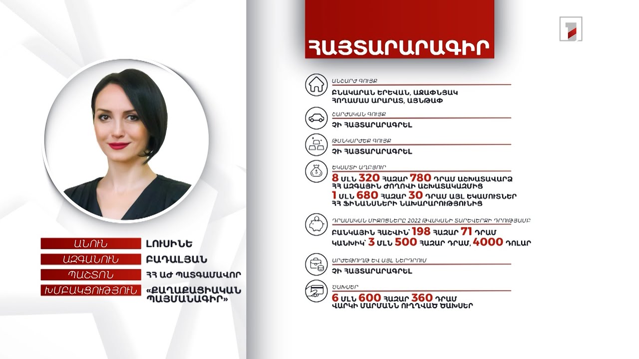 2 անշարժ գույք, 3 մլն 698 հազար դրամ. ՀՀ ԱԺ պատգամավոր Լուսինե Բադալյանի հայտարարագիրը
