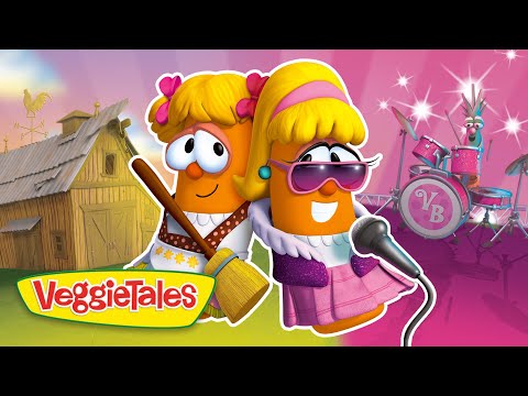 VeggieTales cartoon vegetables performing on a stage with a microphone and a drummer in the pink background.