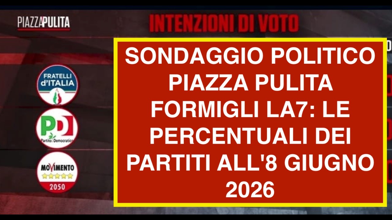SONDAGGIO POLITICO PIAZZA PULITA FORMIGLI LA7: LE PERCENTUALI DEI PARTITI ALL'8 GIUGNO 2026
