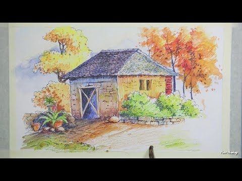 Mountains and Pine Tress Watercolor Pencil Landscape Drawing | steps to follow