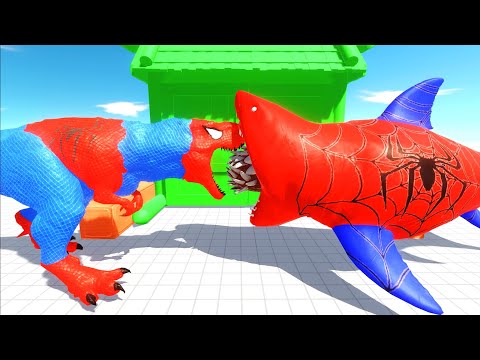 SPIDERMAN T-REX vs SPIDER-MAN MEGALODON DINOSAURS FIGHTING - Animal Revolt Battle Simulator