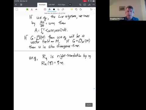 Stephen Preston - Euler Equations as Geodesics on Diffeomorphism Groups (Nov 30 2020)